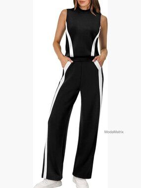 Two Piece Lounge Set Mock Neck Wide Leg Pants Travel Outfit